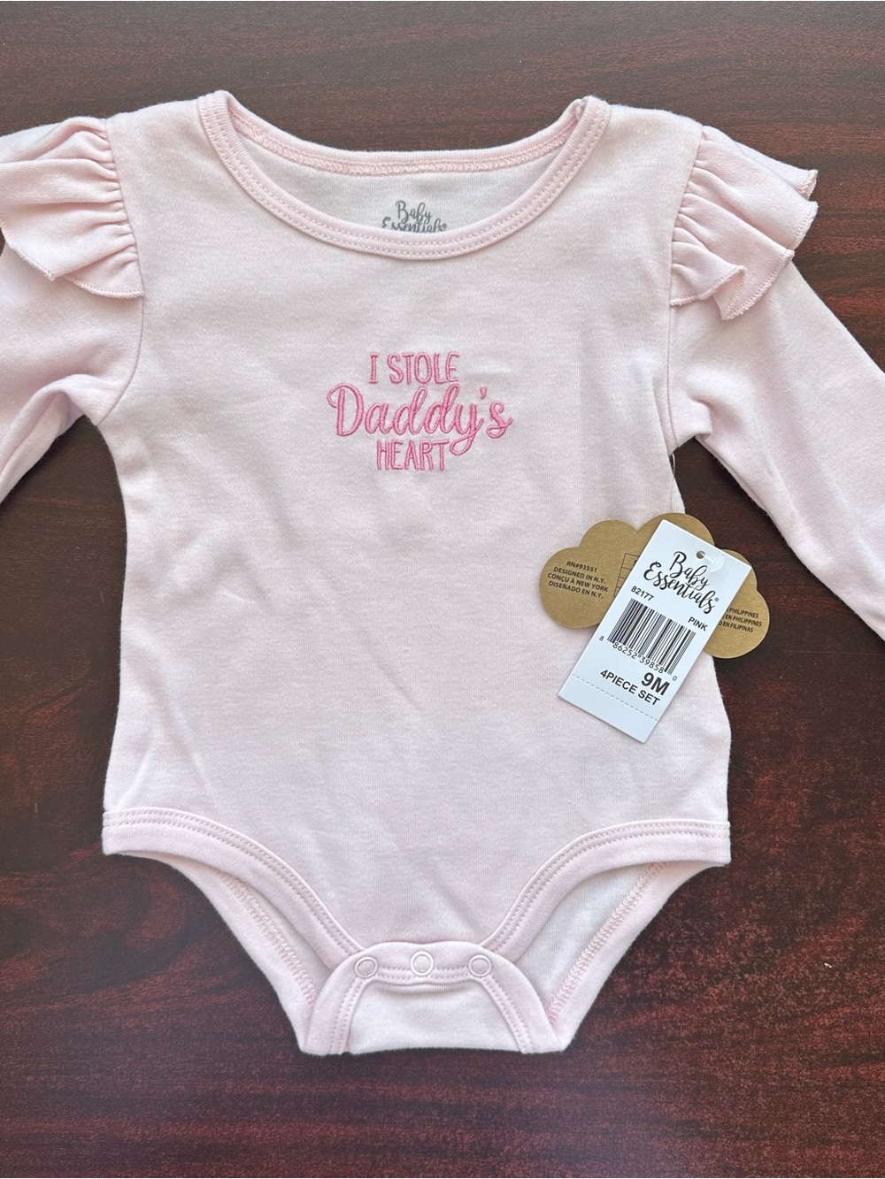 Baby Essentials Light Pink Ruffle-Sleeve Bodysuit with Embroidered Message